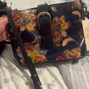 Patricia Nash Black Floral le fleur 
Crossbody  bag navy blue color
